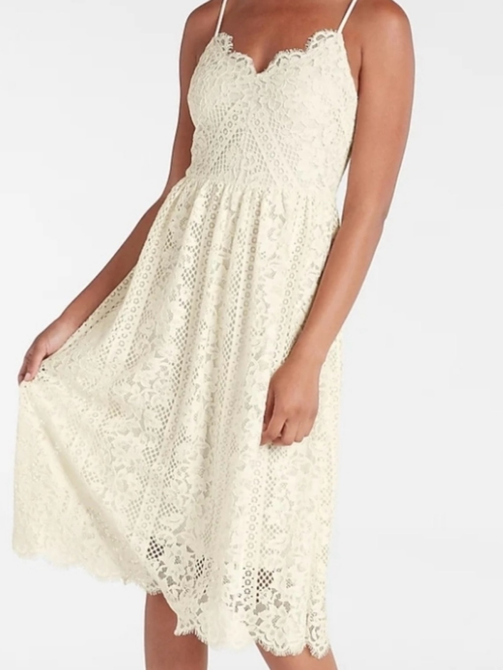 NWT Express Ivory Lace Midi Dress XS Romantic Floral Lace